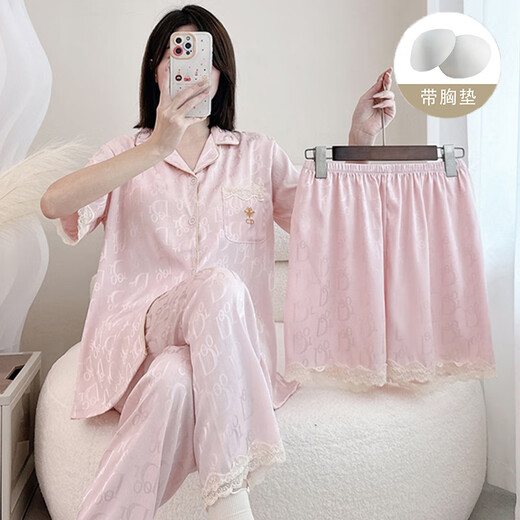 Langsha brings breast pad pajamas for girls three-piece short-sleeved ice and snow summer thin trousers home clothing counter YR1047 M women's style: 75-95Jin [Jin equals 0.5 kg]