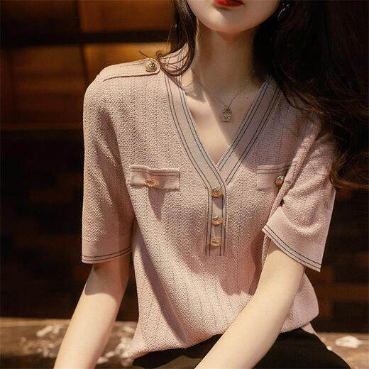 
Pier Cardin small fragrance style v-neck slim short-sleeved women's T-shirt age-reducing 2025 summer women's ice silk sweater breathable thin top DX677# pink. S recommended 85-100Jin [Jin equals 0.5 kg]