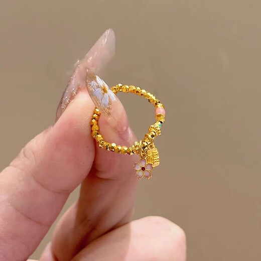 GRAYCEWODY gold ancient method Fu brand cherry blossom elastic ring faceted transfer beads exquisite ring Chinese index finger ring Fu brand cherry blossom ring-gold same style