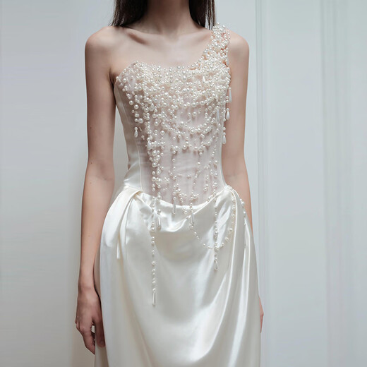 Wutuo white tube top dress evening lady banquet temperament birthday niche light luxury satin light wedding dress fishtail heavy industry white XS