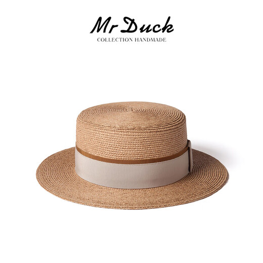 Mr Duck rétro français romance importée Raffia Chapeau plate plat pour les femmes Protection solaire élégante top chapeau femmes Big Head MS46393-Light Brown / Michi Double-Piece Webbing L (57-58cm)