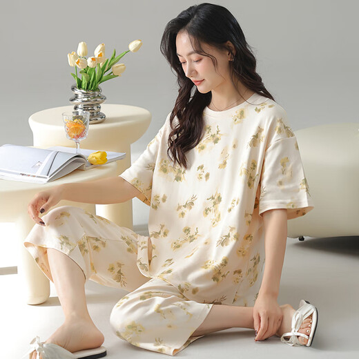 Trois canons d'été Nouveau pyjama en coton féminin pur à manches courtes à manches courtes de coton d'été