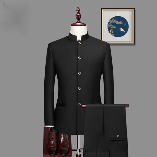 罗蒙（ROMON）中山装西服套装男士青年中华立领西服男中式结婚礼服中国风唐装 中华立领黑色【上衣+裤子+衬衫】 XL 180:体重135-155斤