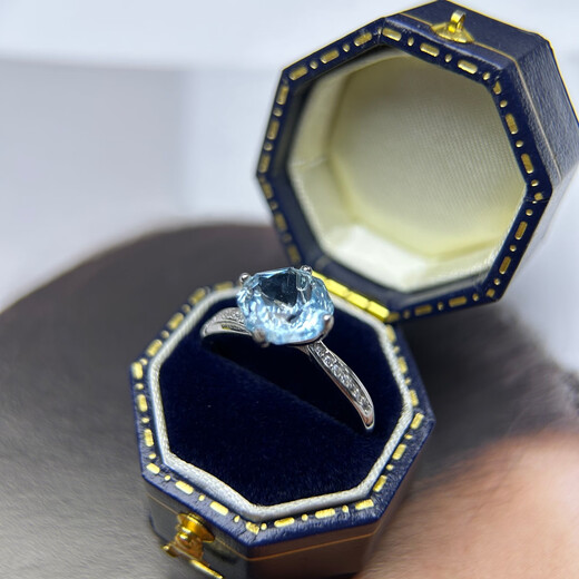 University of Geosciences jewelry natural sea blue topaz ring, S925 silver plated with 18K gold, one item, one certificate