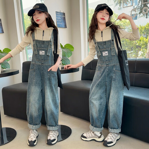 Maidou Xiong Girls Internet Celebrity Overalls Set New Spring and Autumn Clothing Medium and Large Children's Fashionable Denim Overalls Two-piece Set Single-piece Overalls Front Pocket Style 150