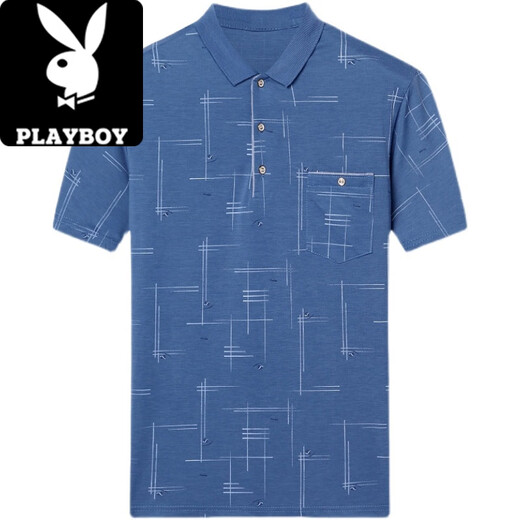 花花公子（PLAYBOY）冰丝短袖t恤男夏季中年翻领有口袋冰丝T恤中老年爸爸装 753井字格绿色 M 165建议95-115斤