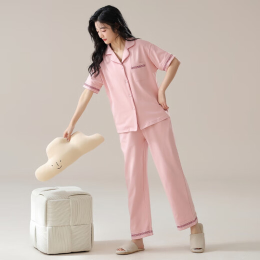 2025年新款纯棉睡衣女夏短袖套装开衫可爱夏长裤卡通休闲季家居服 9737 粉色 L 【100-120斤】