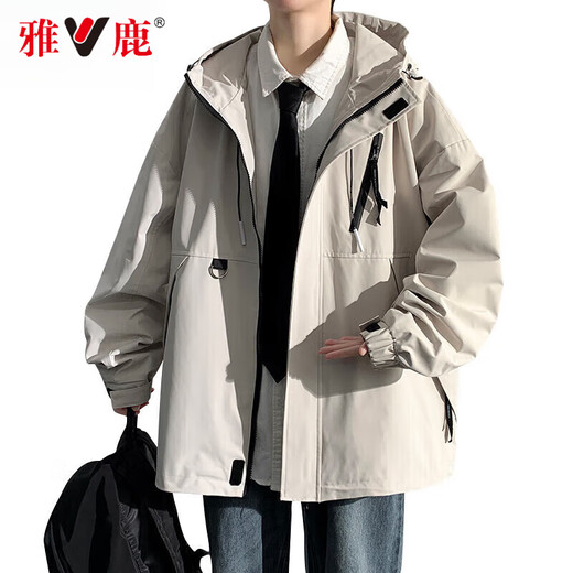 Yalu Jacket Outdoor Men's Jacket Hooded Waterproof Windproof Loose Jacket Men's Youth Mountaineering Jacket All-match Top Khaki XL (Recommended 145-160 Jin Jin equals 0.5 kg)