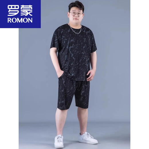 罗蒙（ROMON）冰丝运动套装男夏季大码薄款男士速干五分裤胖子加肥加大宽松短袖 PZ826黑色 高质量冰丝套装 XL 建议130-140斤