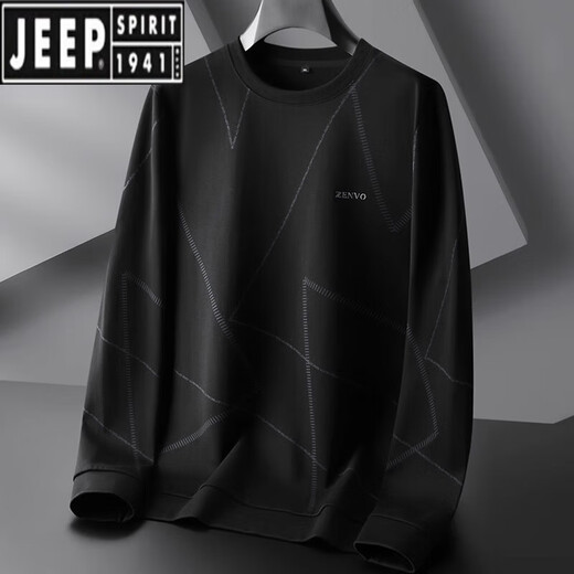 Jeep Spirit Spring und Herbst Runde Hals Langarm T-Shirt Herren Plus Fett Plus-Größe bedrucktes Sweatshirt Fett lose Baumwollbasis-Hemd Top 9855 Schwarz plus Samt XL (120-140jin [Jin gleich 0,5 kg]))