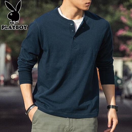 Playboy American Retro Henley Long Sleeve T-Shirt Men's 2025 Spring 250g Pure Cotton Side Seamless Henley Collar Bottoming Shirt Denim Blue 250g Pure Cotton L Reference 140-155Jin Jin is equal to 0.5 kg
