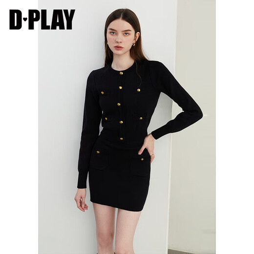 DPLAY2025 new autumn French black knitted suit, feminine and fashionable, with sweater skirt, classic black-two-piece set L