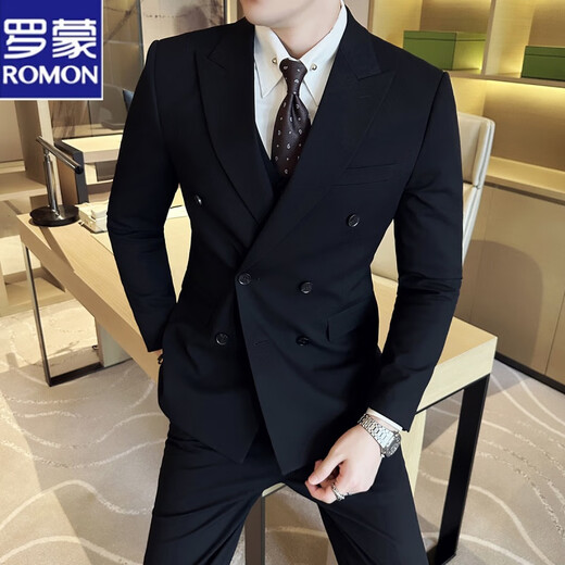 Romon leichte reife Gelegenheitsanzug Doppelbrust 2025 Neues Feder-Sensing-Pendler Einfacher Anzug Kleid Herren Trend dunkelgrau (Anzug + Hosen) Schwarzes Hemd Navy XL (52)
