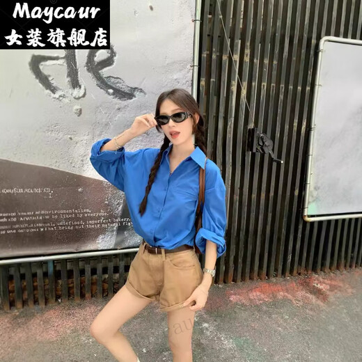 Maycaur徐秋阳 深海奇缘  春夏新款百搭时尚休闲显白显瘦衬.衫12162 蓝色衬衫 S