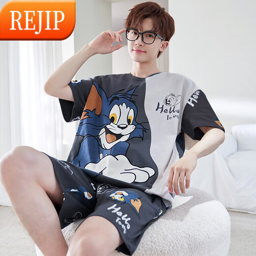REJIP男士睡衣短袖春夏天季薄款卡通青少年可外穿男款加大码家居服套装 6621 L 100-135斤