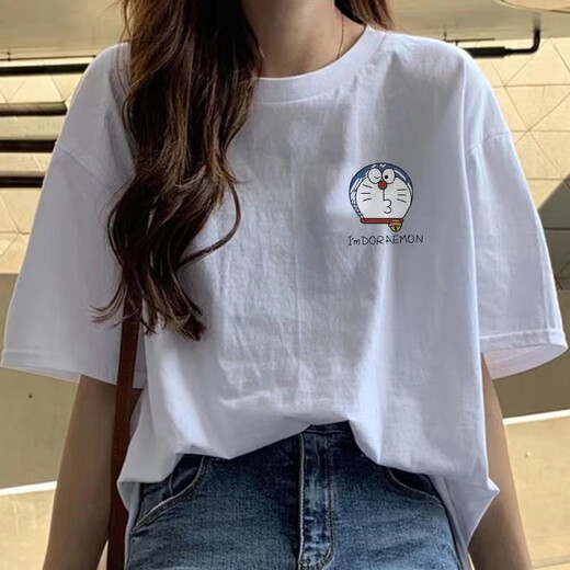 Qiao Junsheng cotton printed loose short-sleeved T-shirt for women Korean style versatile white top 2025 summer white 511 M