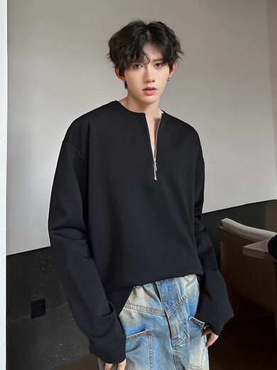 Tailored rain and rainbow American half-zip sweatshirt for men in autumn new style heavy long-sleeved T-shirt with bottoming henley shirt black black M 90-105Jin Jin is equal to 0.5 kg
