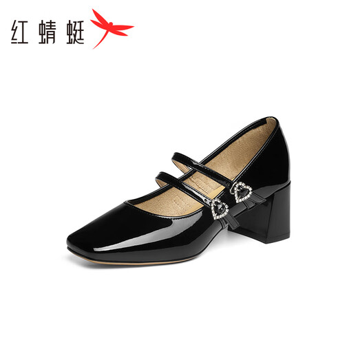 Rote Drachenfly High Heel Red Mary Jane Schuhe 2025 Neue dicke Ferse Frauenschuhe Hochzeitsschuhe französische Temperament kleine Lederschuhe WTB15281 Black 36