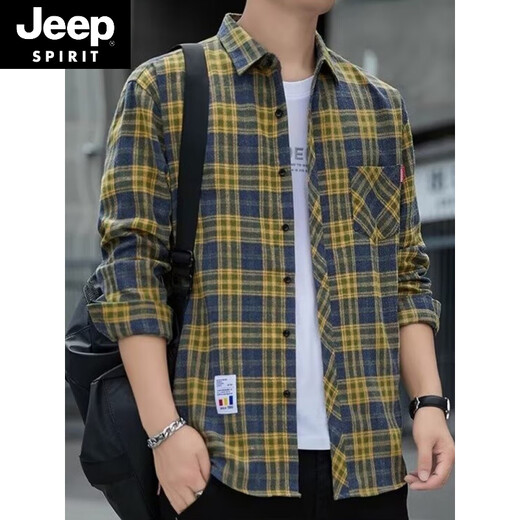 Jeep Spirit Plaid Camiseta informal de primavera y otoño Camisa de manga larga Top coreana Retro Summer Flin Jacket K12111 metros Azul + K12108 White XL 125-145Jin [Jin equivale a 0.5 kg]