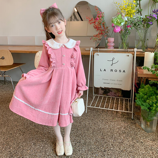 Annie Youer Girls Autumn and Winter Dress 2025 Western Style Children's Clothing Girls Princess Dress Children's Skirt Pink Velvet 100