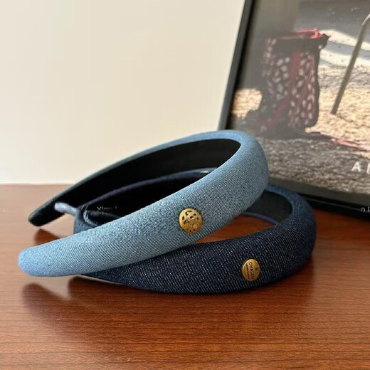 Korean style denim blue metal label headband for women 2025 new style high skull temperament headband simple and versatile wide-brimmed headwear denim dark color