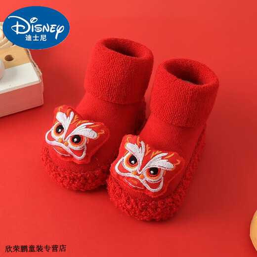迪士尼（Disney）新生婴儿学步鞋袜宝宝地板袜软底秋冬加厚防滑新年百日大红色袜子 大红老虎(毛圈加厚) 1双 均码 内长11cm(一般0-6个月)