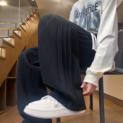 Dingfengbaoluo casual pants men's autumn drape loose straight pants trendy wide-leg sweatpants DFK28 black XL
