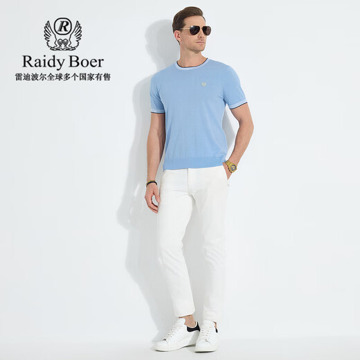 Raidy Boer/雷迪波尔【丝麻棉】2025年春针织男胸牌短袖T恤7003 浅蓝 S /165/46
