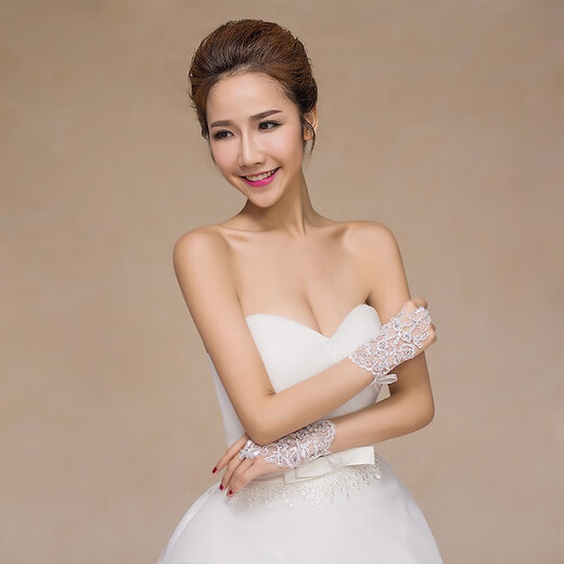 新款绑带手套短款无指勾露指蕾丝亮片花朵白红色新娘结婚纱敬酒服 白色