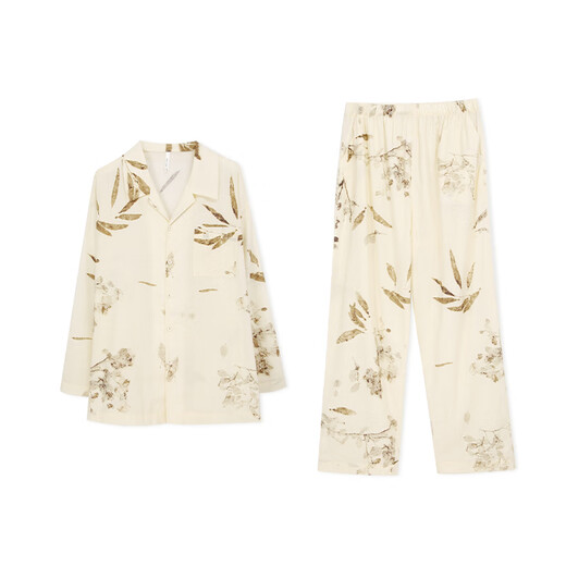 Anzhiban New Chinese Style Couple's Pajamas Spring Bamboo Cotton Retro Print Casual Loose Women's Home Clothes Can Be Weared Outside Shell Yellow Soft and Elastic-Super Breathable Male XL