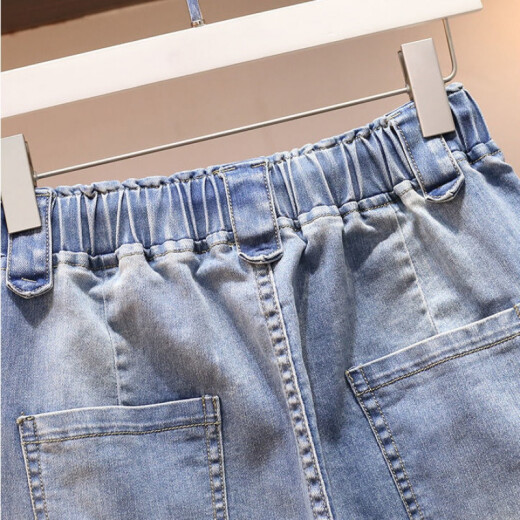 简方位高腰弹力牛仔七分裤短裤女夏季宽松韩版显瘦休闲哈伦马裤 【浅蓝 [浅蓝牛仔短裤]9893# 2XL 均码