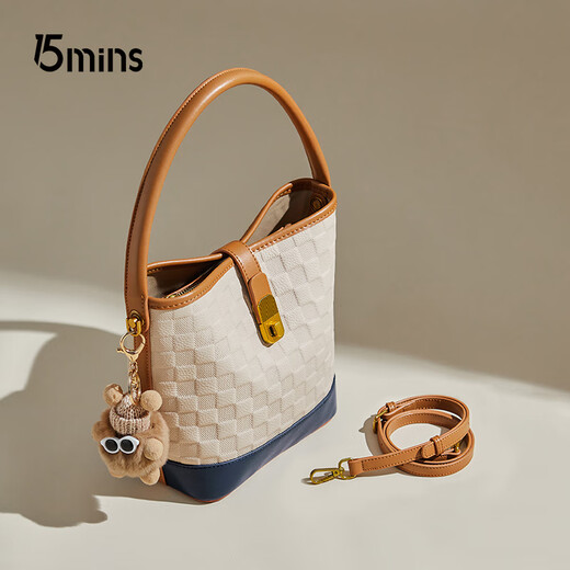 15MINS牛皮包包女包2025新款单肩斜挎包简约撞色水桶女士包包生日礼物
