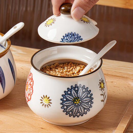 Baijie ceramic lard jar kitchen seasoning jar with spoon salt jar seasoning jar chili oil tank oil storage tank high temperature resistance