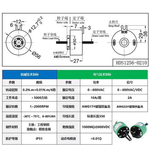 溥畔CLCEY过孔导电滑环度旋转接头防水高速大电流电刷集电环多路可定 中空38.1/2线(HDS3899-0210) 塑