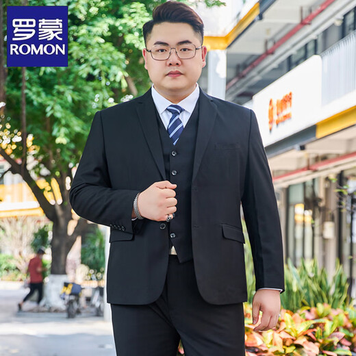 罗蒙（ROMON）大码西装男士套装加肥加大胖子商务正装定制西服外套结婚礼服休闲 大码黑色(西服+西裤+衬衫) 赠大礼包 205/6XL 体重215-230斤