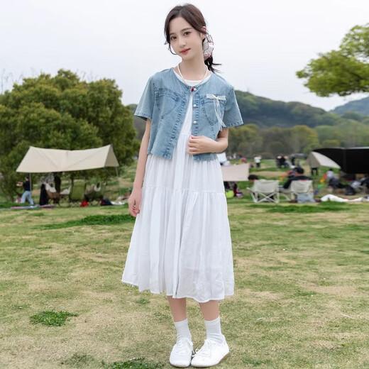 奥特曼儿童装女童连衣裙夏装新款洋气公主裙夏季时髦大童牛仔裙两件套S 白色两件套 110 cm