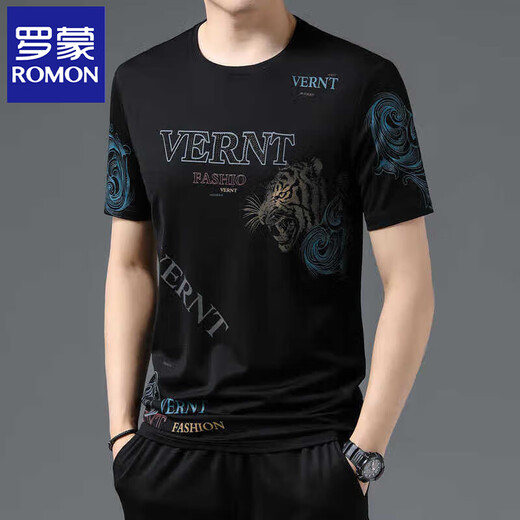 ROMON (ROMON) mulberry silkworm. Silk short-sleeved T-shirt for men in summer new ice silk middle-aged and elderly men round neck printing trendy thin half-sleeved body 728 M 165 [recommended 100-120 Jin [Jin equals 0.5 kg]]