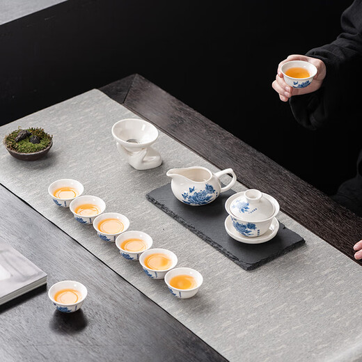 Sancai Gaiwan Kungfu Tea Set Blue and White Ceramic Home Tea Maker Complete Set Office Simple Tea Cup 10 Jade Porcelain-Blue and White Peony-Gaiwan Six Cups