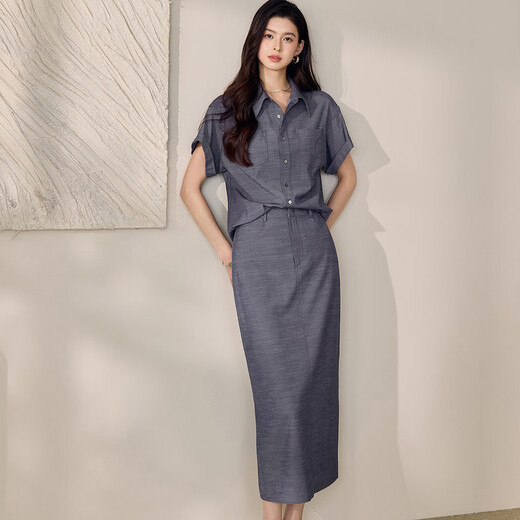 Roeyshouse Luoyi Camisa retro casual Traje 2025 Summer NUEVA FALLA COLOR SOLID SOLIDO SET DOS PIEZAS 12398 Denim Azul 2xl