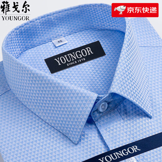 雅戈尔旗舰官方店男士短袖衬衫夏季免烫中年休闲商务职业正装格子衬 短袖蓝色DX6630 38