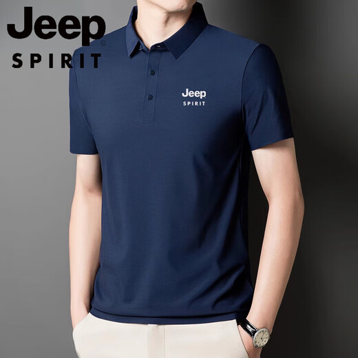 JEEP SPIRIT2025 new POLO shirt for men ice silk short-sleeved T-shirt summer lapel anti-wrinkle business casual middle-aged and elderly half-sleeved Jeep12358 ice silk POLO shirt/obsidian black 4XL [180-200Jin [Jin equals 0.5 kg]]