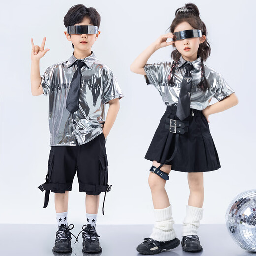 Poresno Tecnología para niños Catwalk Sense Catwalk Catwalk 1 de junio Danza callejera de la calle Termumos de moda niñas Jazz Boys Future Drums Performance Mangas cortas: A694 Top de cuero brillante plateado + B317 Negro 2 110 cm de talla individual