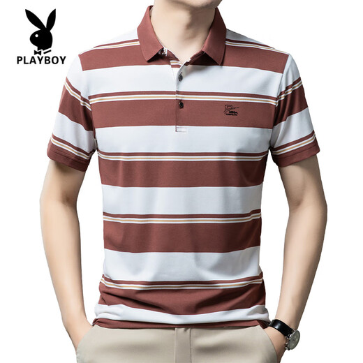 花花公子（PLAYBOY）高端夏季中年T恤男士POLO衫休闲爸爸装条纹商务冰丝透气宽松翻领 6636-红色 3XL