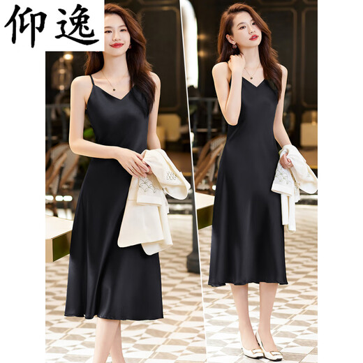 
Yangyi black acetic acid suspender dress in summer high-end small satin mid-length temperament slimming inner skirt 9711 black suit + green dress S