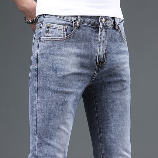 
AEMAPE new high-end jeans men's trendy summer thin slim-fitting small feet light color versatile casual elastic men's trousers blue (9901) thin 28 (100Jin [Jin equals about 0.5 kg])