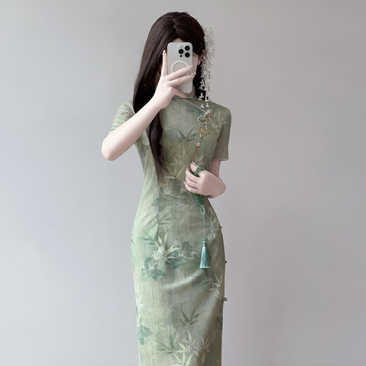 以欧（YIOU）复古旗袍年百搭夏季少女国风改良版新中式绿色送考高考连衣裙9713 图片色 2XL