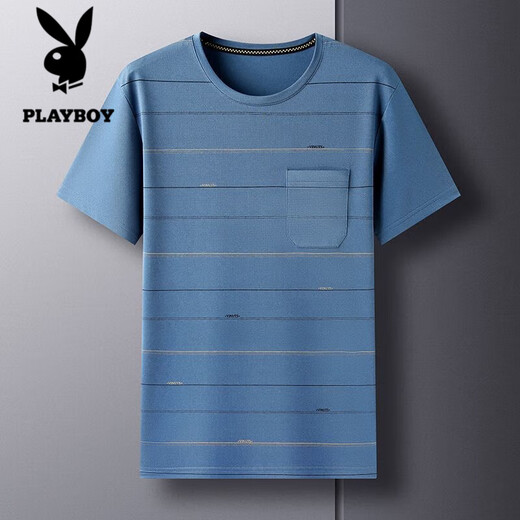 花花公子;PLAYBOY中年男士短袖T恤夏季汗衫宽松休闲圆领口袋上衣中老年爸爸夏装男 TC-短袖-693藏青 2XL 180/2XL/155-175斤
