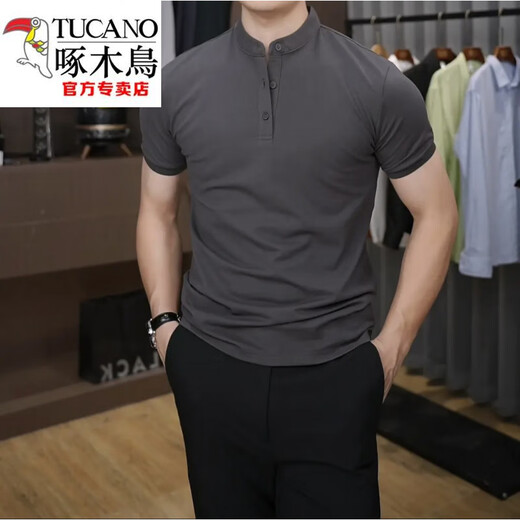 Woodpecker (TUCANO) British style men's high-quality Polo shirt summer new front shoulder short-sleeved Henry neck half-sleeved T-shirt top Black 3XL [weight 165-180Jin [Jin equals 0.5 kg]]
