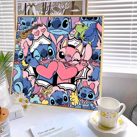 溥畔史迪仔数字油画diy填充手工填色油彩画史迪奇手绘卡通丙烯装饰画 qx12173 30*30cm加厚内框+装饰外框