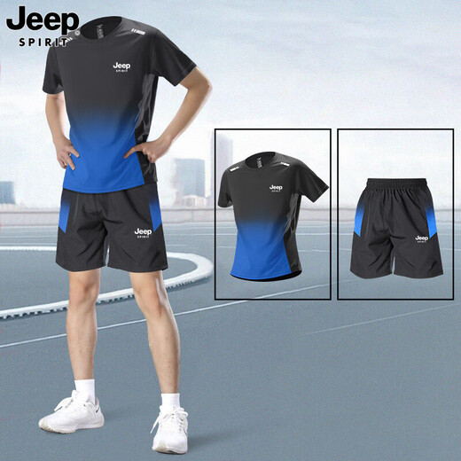 
JEEP SPIRIT Jeep Ice Silk Set Men's 2025 Summer New Short Sleeve T-Shirt Men's Running Fitness Basketball Quick Dry Sportswear 9901 Black and Gray Set XL